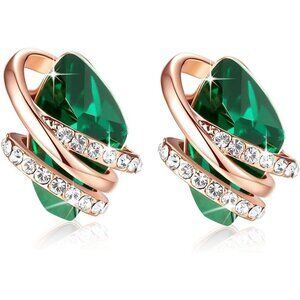 Women's Dark Green Leafael Wish Charm Birthstone Crystal Stud Earrings Jewellery